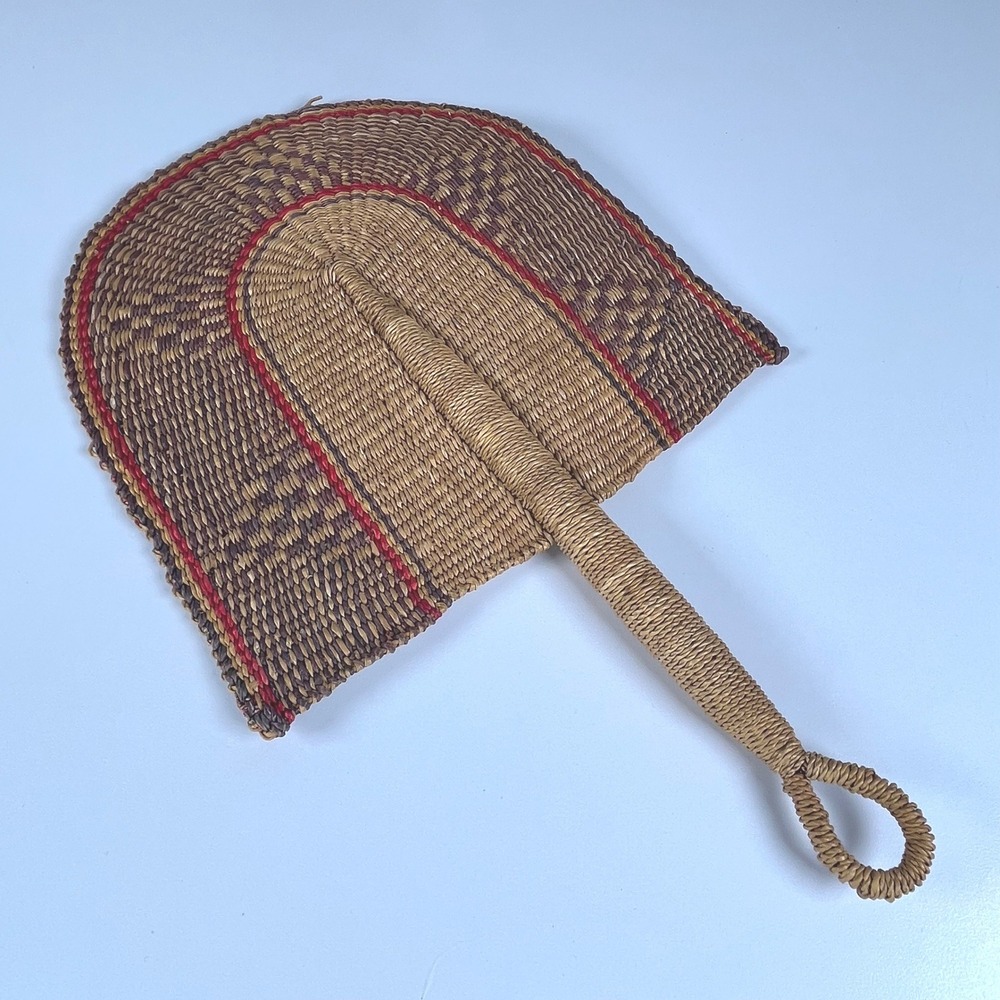 Bolga Hand Fan Brown Tan Red Woven Elephant‎ Grass 11 inch Fan